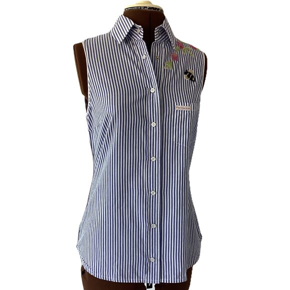 Fornarina Stiped Sleeveless Button Front with Beaded Appliques - Picture 3 of 9